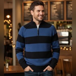 American Eagle Men’s Pullover Sweater Size M Black Blue Striped 1/4 Zip